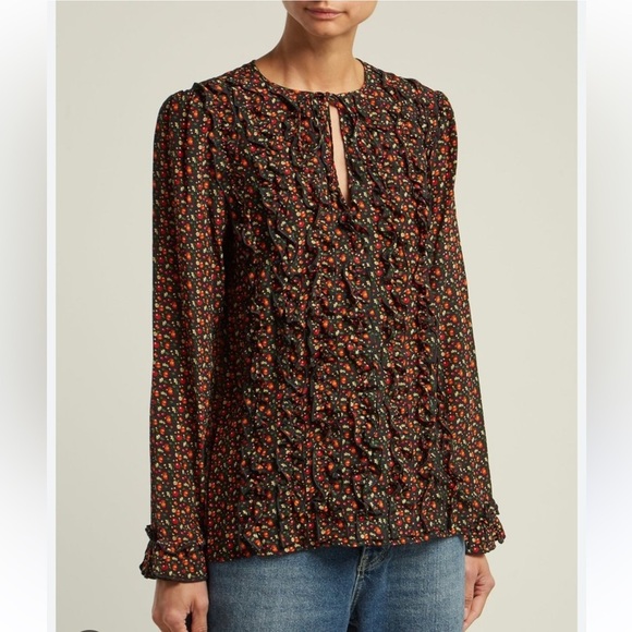 A.P.C. Lillian Ruffle Silk Cherry Print Blouse Cottagecore Vintage Inspired 8 - Picture 2 of 16